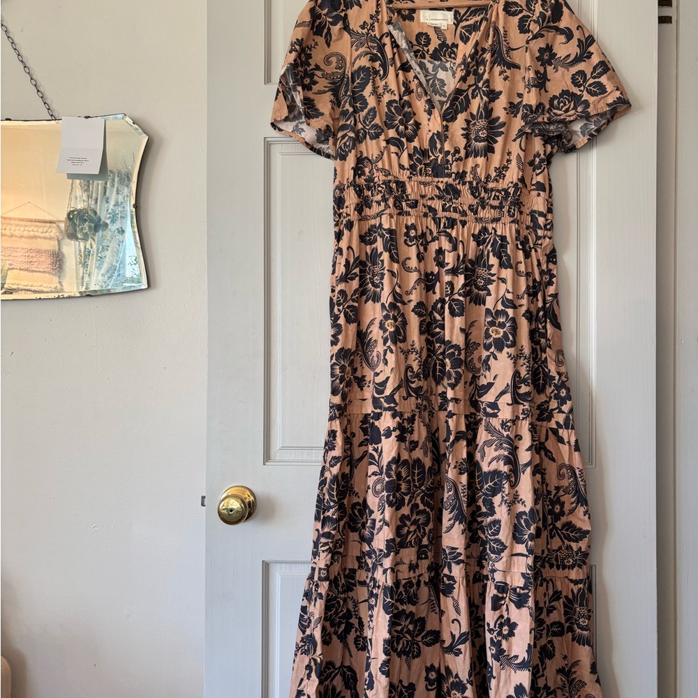 Somerset dress Anthropologie tan and navy print